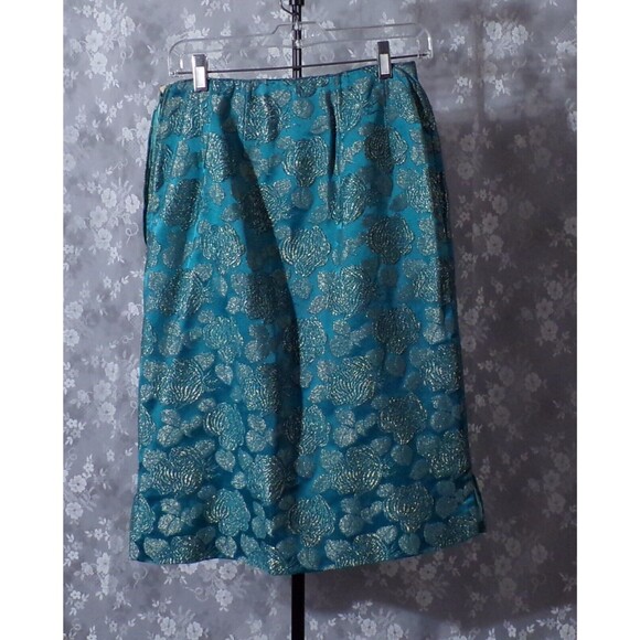Vintage 60s Pencil Skirt 1960s Teal & Gold Floral Spring Cocktail Size Small - Picture 2 of 4